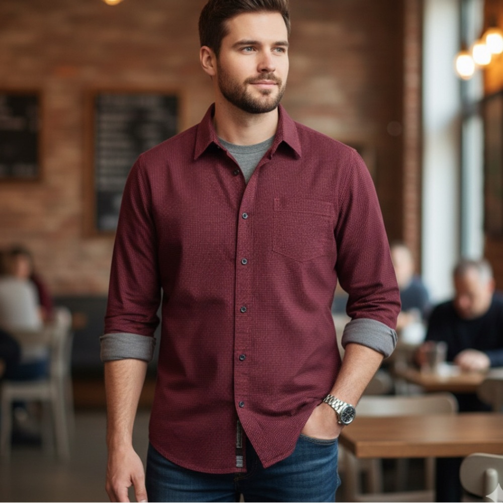 Gingham Burgundy Men's Casual Button-Down Shirt Slim L 100% Cotton Normcore
